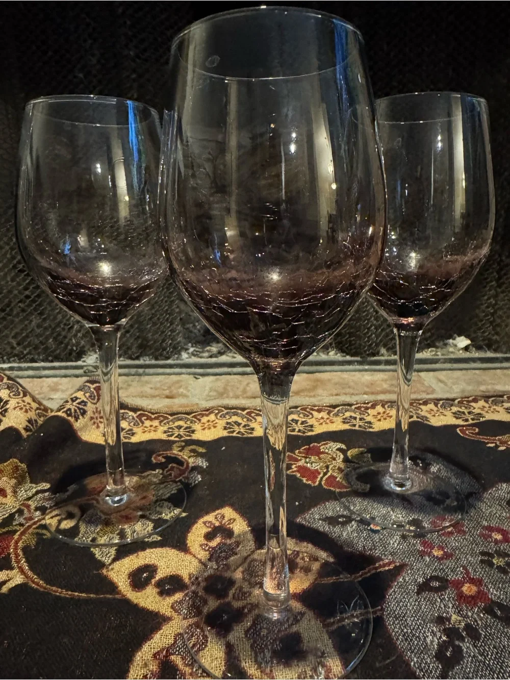 Pier 1 Imports Purple Crackle Wine Glasses Amethyst Hand Blown Clear Stem